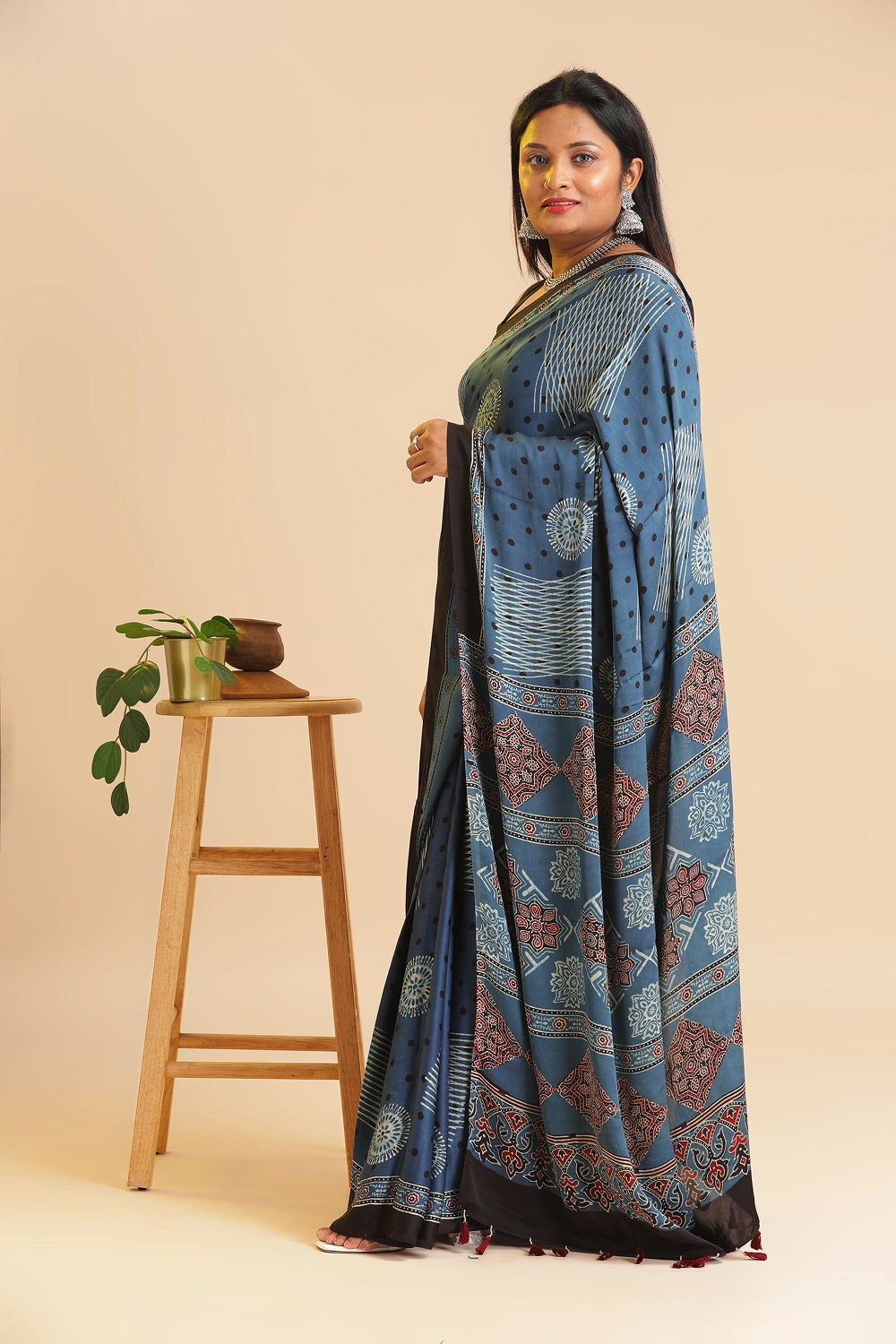 Blue Heritage Charm – Classic Ajrakh Block Printed Modal Silk Saree