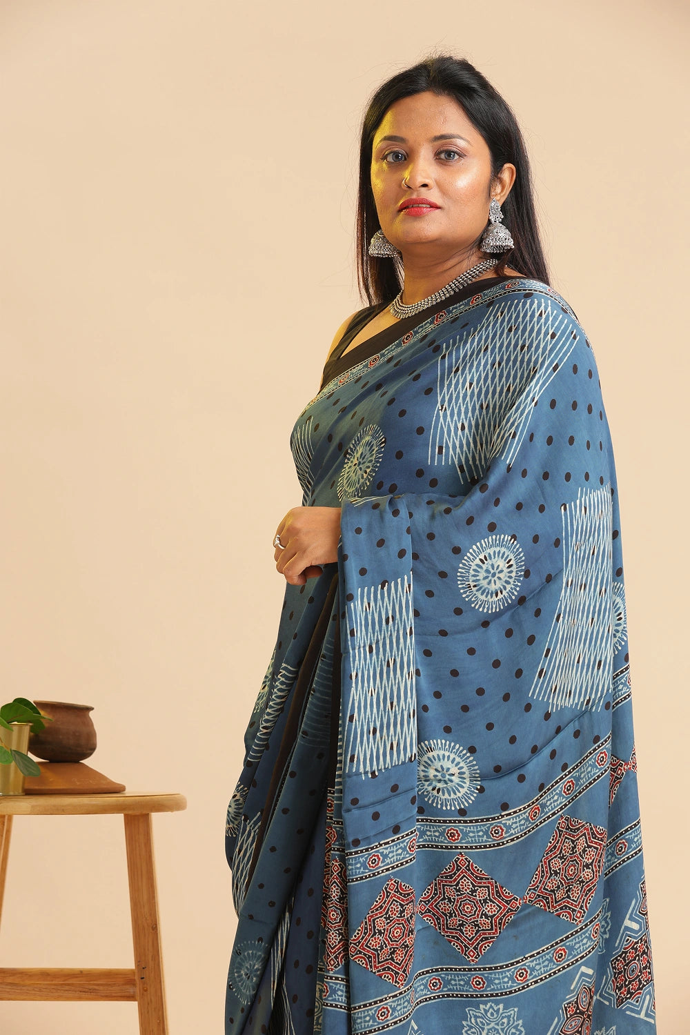 Blue Heritage Charm – Classic Ajrakh Block Printed Modal Silk Saree