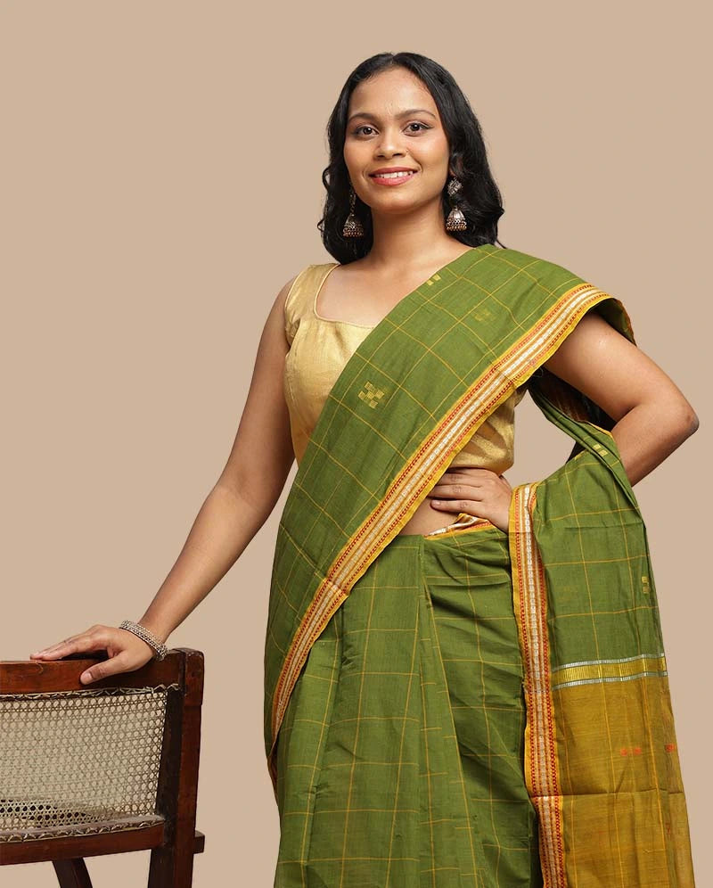 Olive Meadow Udupi Cotton Saree | Handwoven