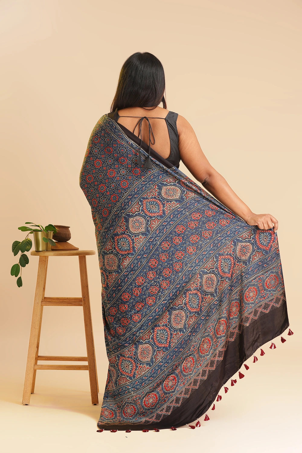 Blue Heritage Charm – Classic Ajrakh Block Printed Modal Silk Saree