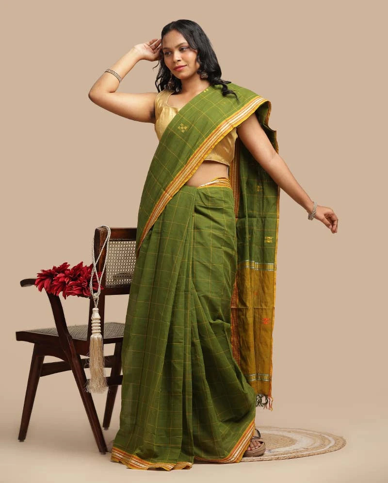 Olive Meadow Udupi Cotton Saree | Handwoven