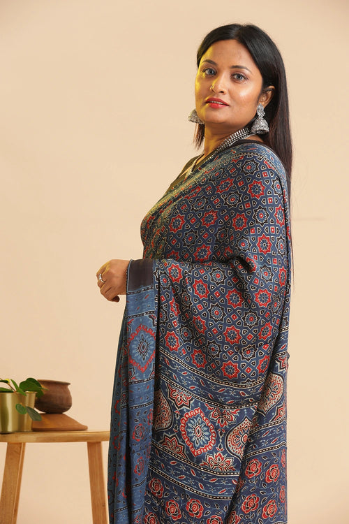 Blue Heritage Charm – Classic Ajrakh Block Printed Modal Silk Saree