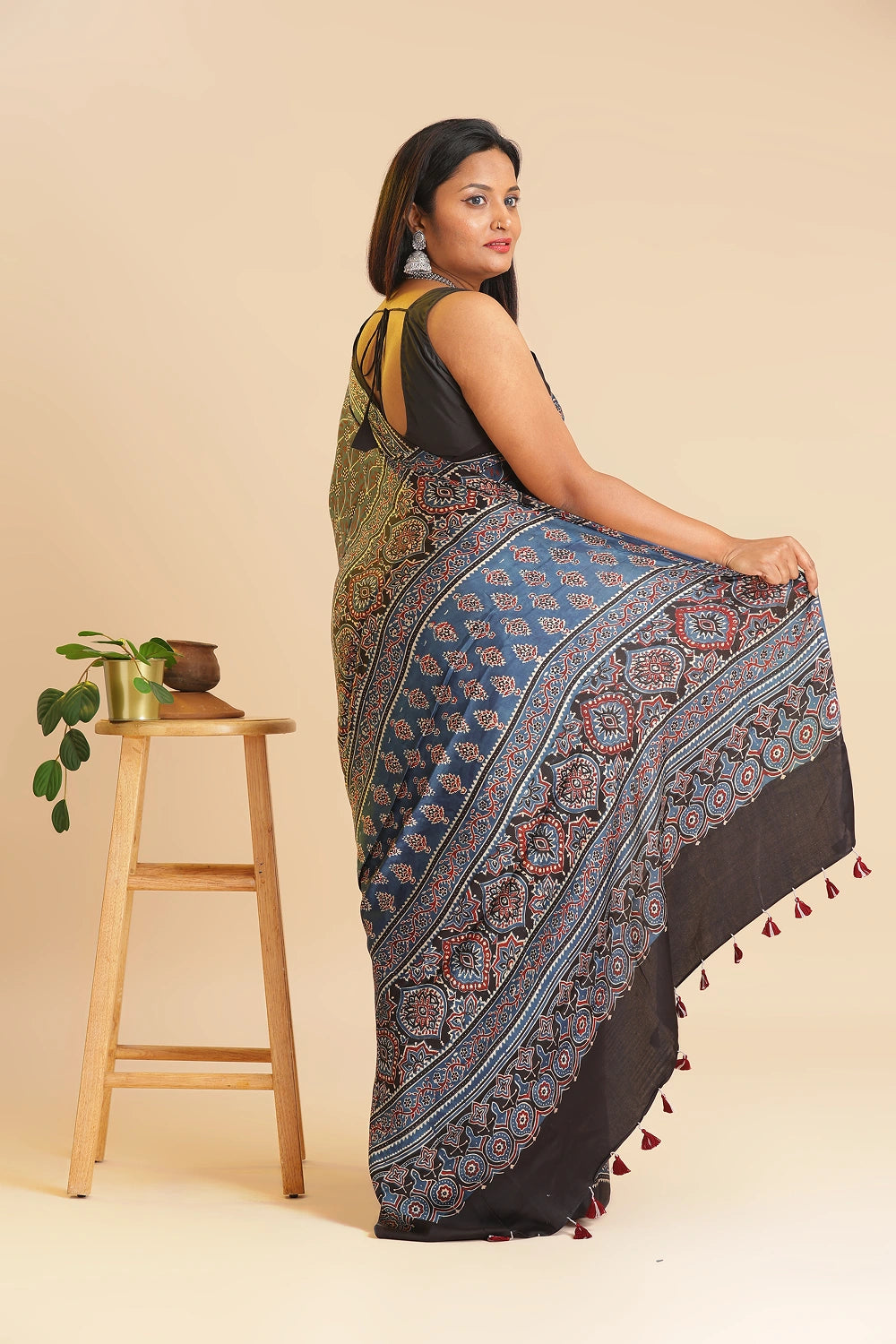 Grey Heritage Charm – Classic Ajrakh Block Printed Modal Silk Saree