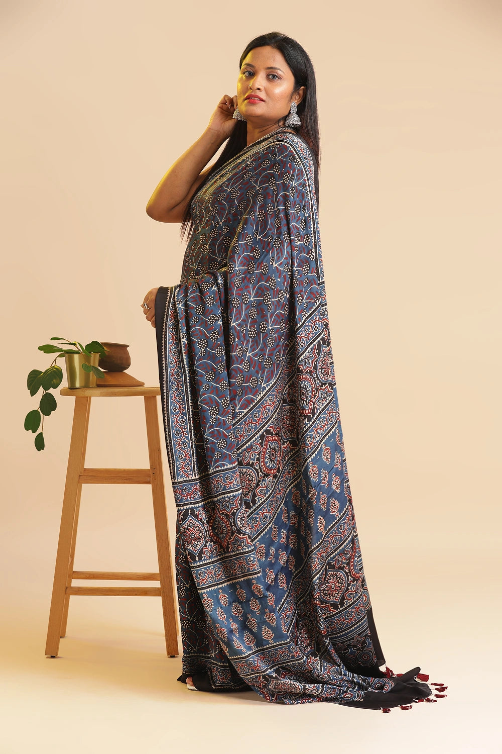 Grey Heritage Charm – Classic Ajrakh Block Printed Modal Silk Saree