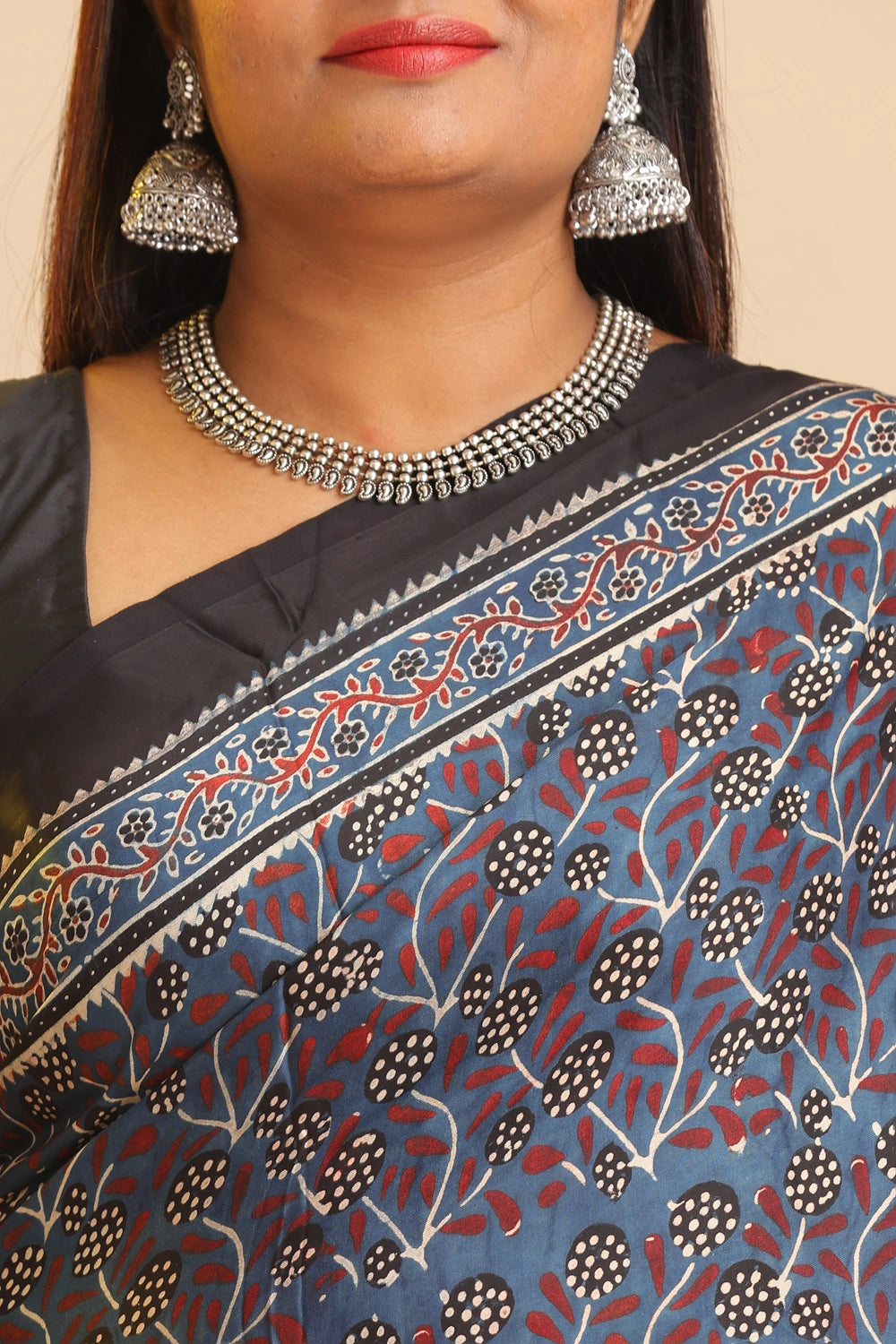 Grey Heritage Charm – Classic Ajrakh Block Printed Modal Silk Saree