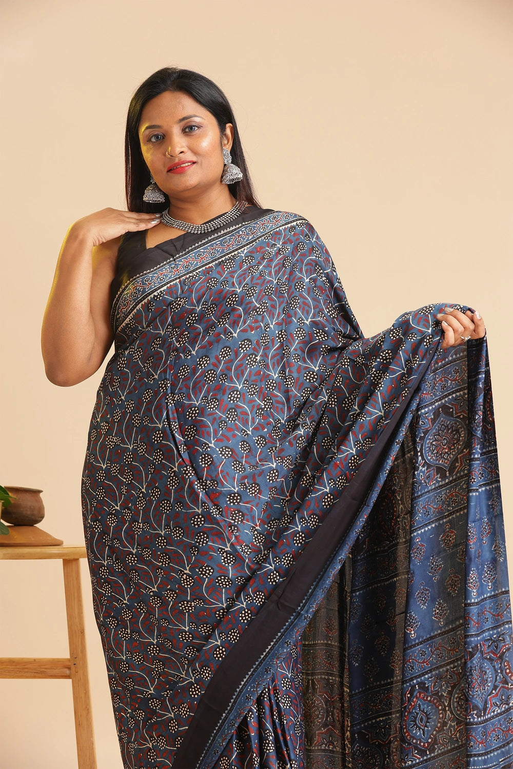 Grey Heritage Charm – Classic Ajrakh Block Printed Modal Silk Saree