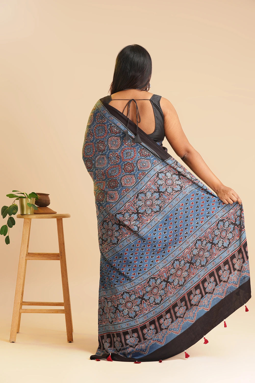 Blue Heritage Charm – Classic Ajrakh Block Printed Modal Silk Saree