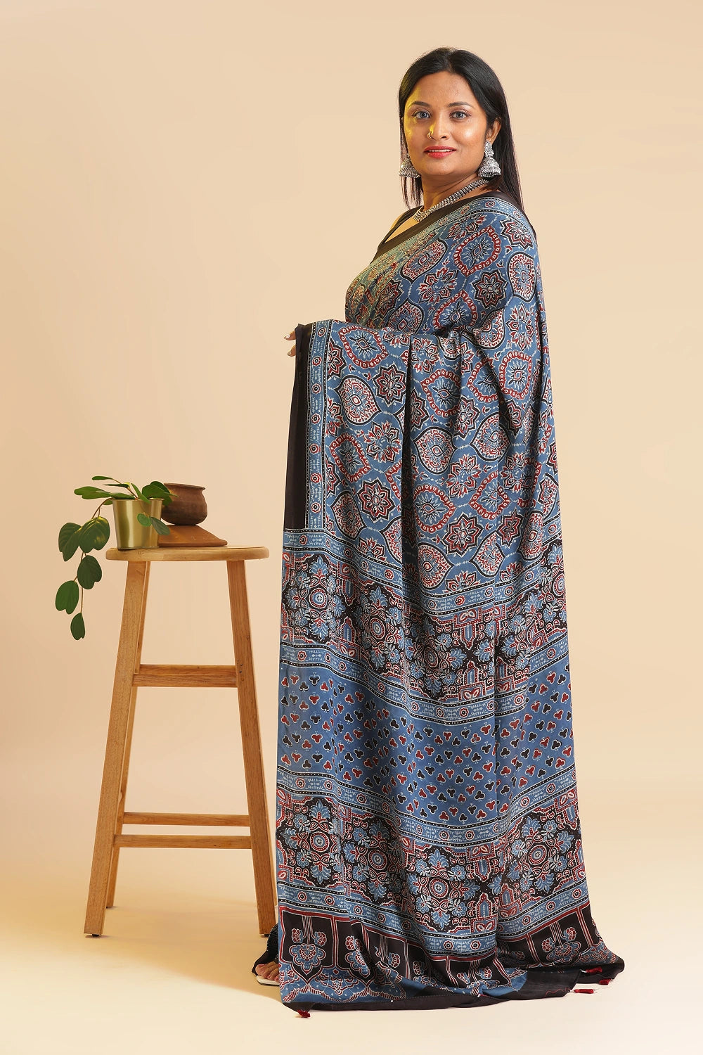 Blue Heritage Charm – Classic Ajrakh Block Printed Modal Silk Saree