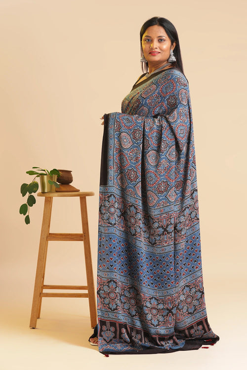 Blue Heritage Charm – Classic Ajrakh Block Printed Modal Silk Saree