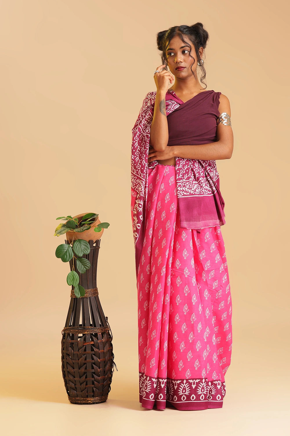 Rosewood Charm - Chanderi Cotton Saree