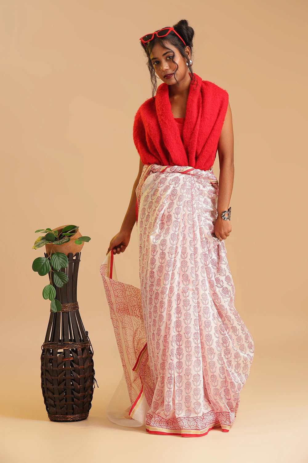Ivory Blossom - Chanderi Cotton Silk Saree