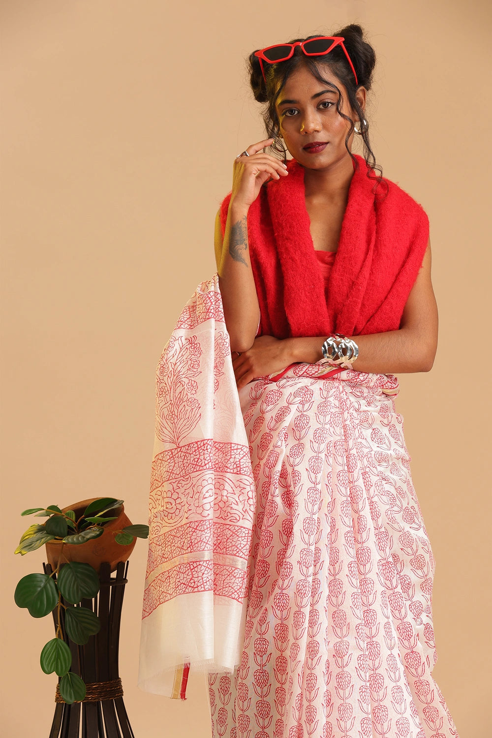 Ivory Blossom - Chanderi Cotton Silk Saree