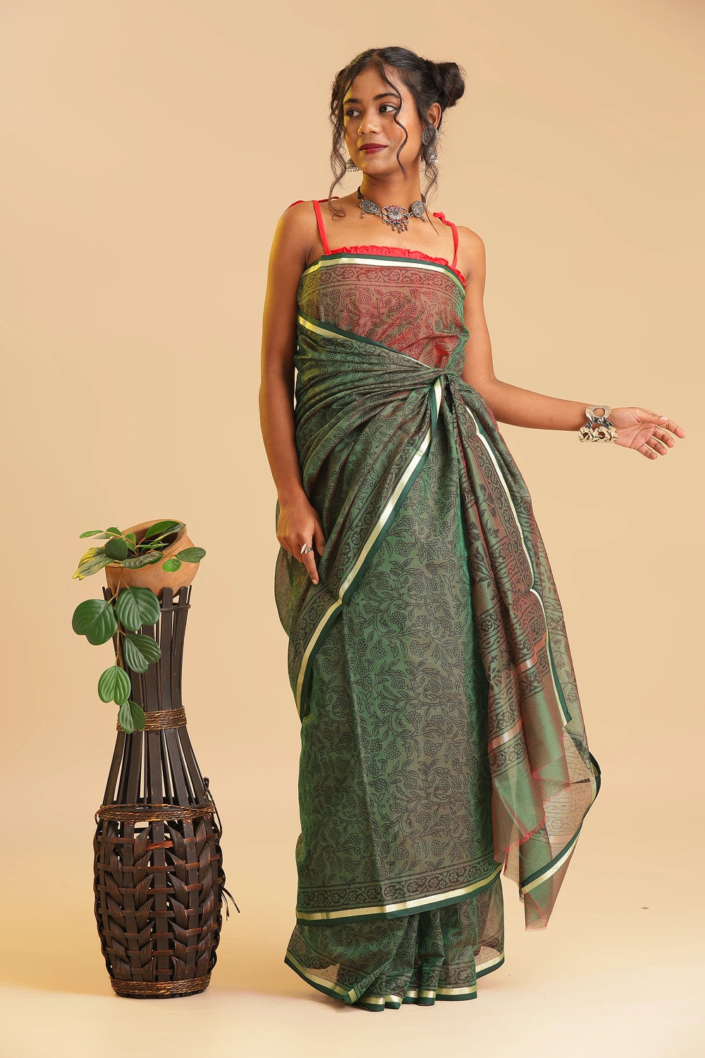 Green Elegance - Chanderi Cotton Silk Saree