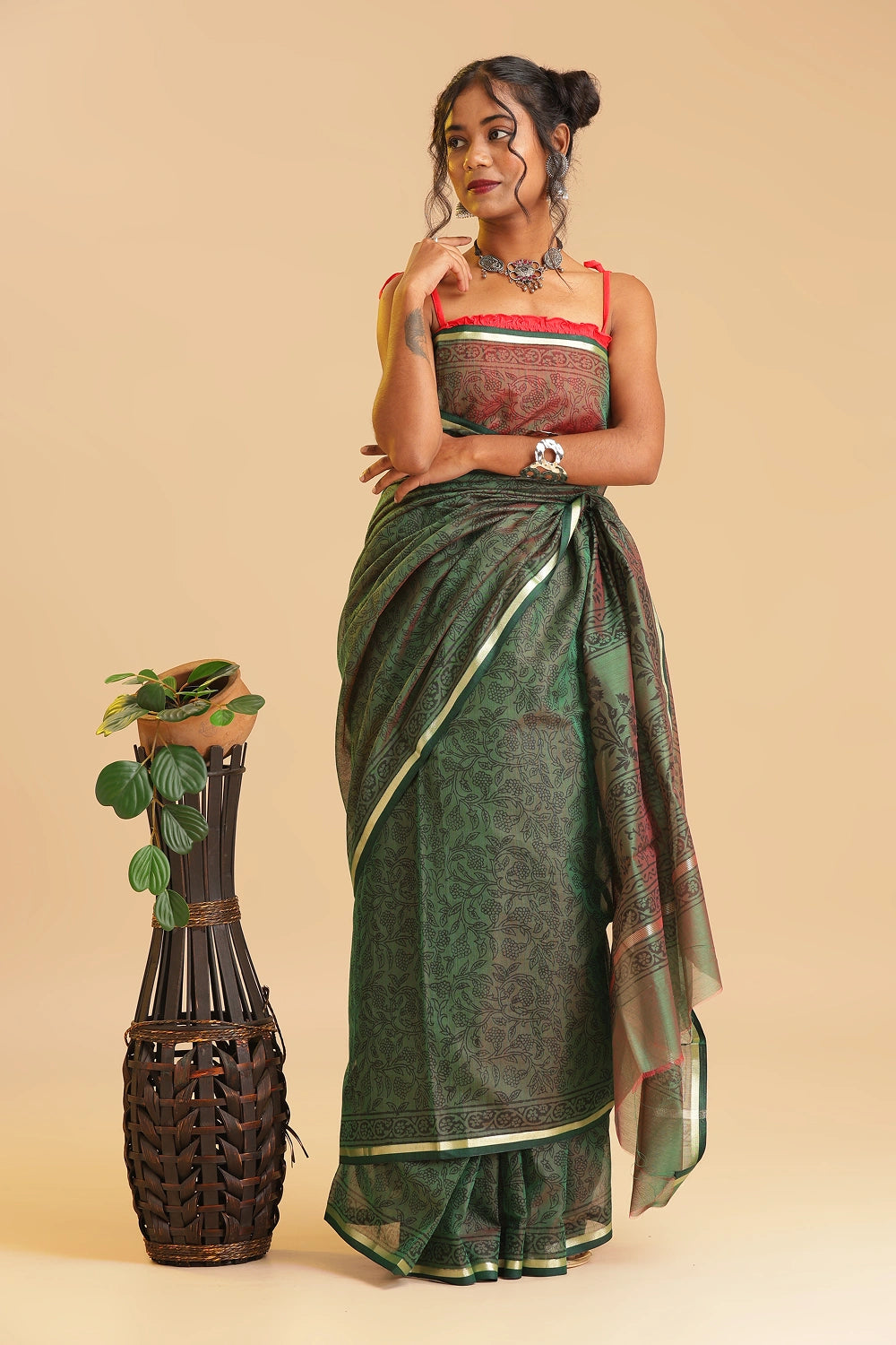 Green Elegance - Chanderi Cotton Silk Saree