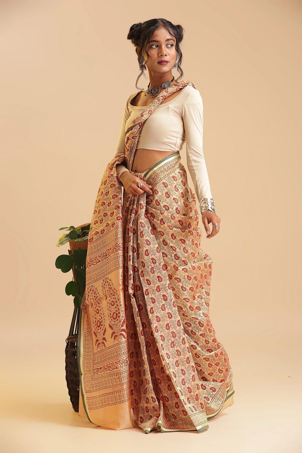 Peachy Pearl - Chanderi Cotton Silk Saree