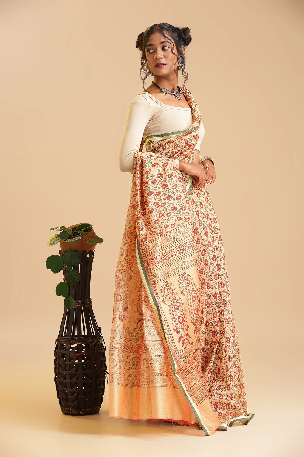 Peachy Pearl - Chanderi Cotton Silk Saree