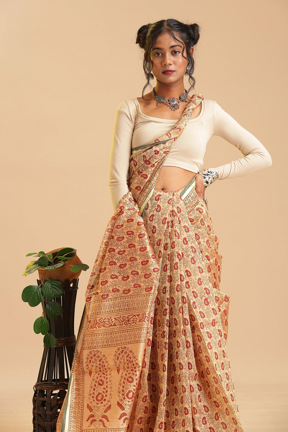 Peachy Pearl - Chanderi Cotton Silk Saree