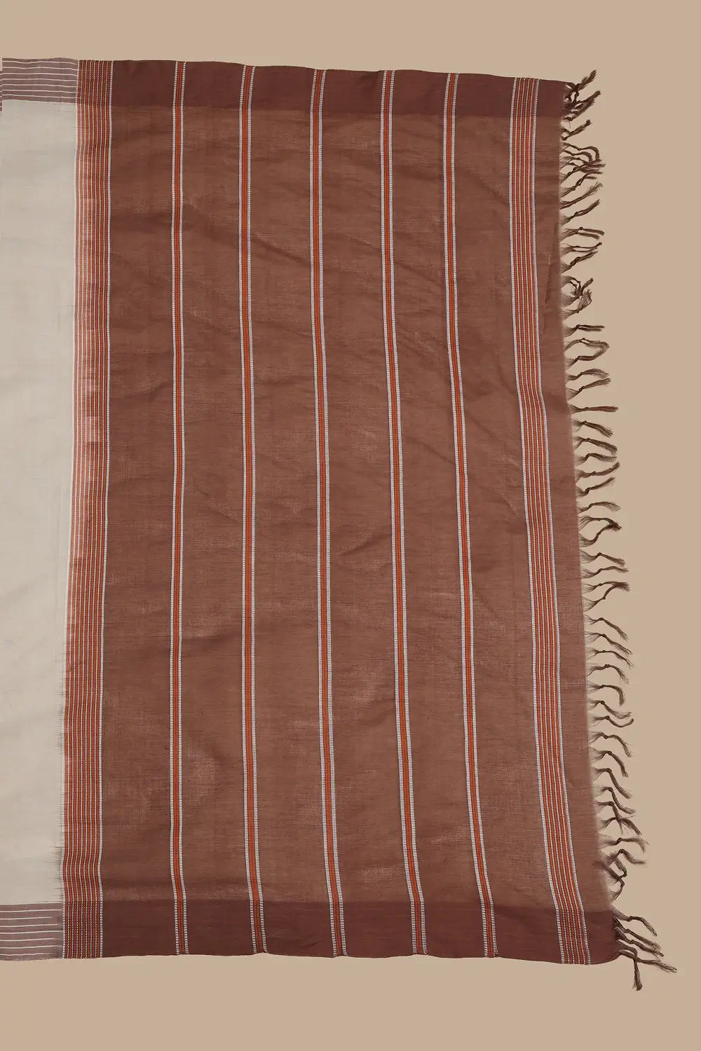 Udupi Cotton Saree | White Dusk – Brown Stripe Pallu | Handwoven