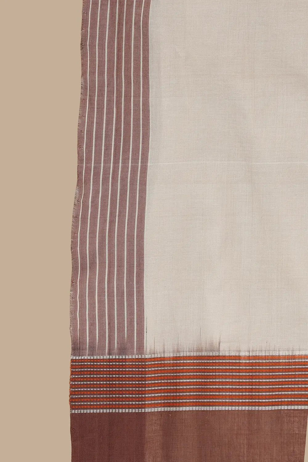 Udupi Cotton Saree | White Dusk – Brown Stripe Pallu | Handwoven