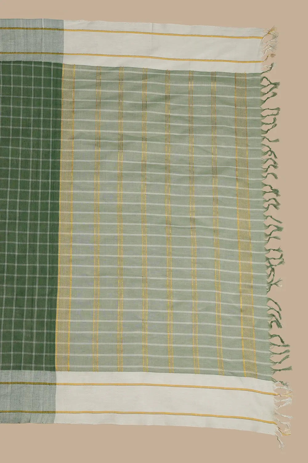 Udupi Cotton Saree | Bottle Green Aura – Checks Weave | Handwoven