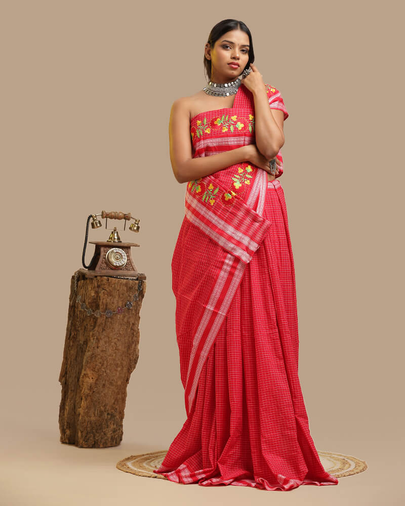 Crimson Bloom Kunbi Saree | Authentic Goan Handloom - Seere