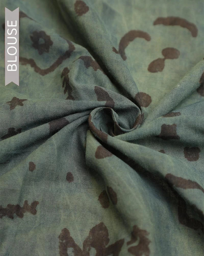 Elephant  March – Green, Red & Indigo Hand-Block Bagru Cotton Saree