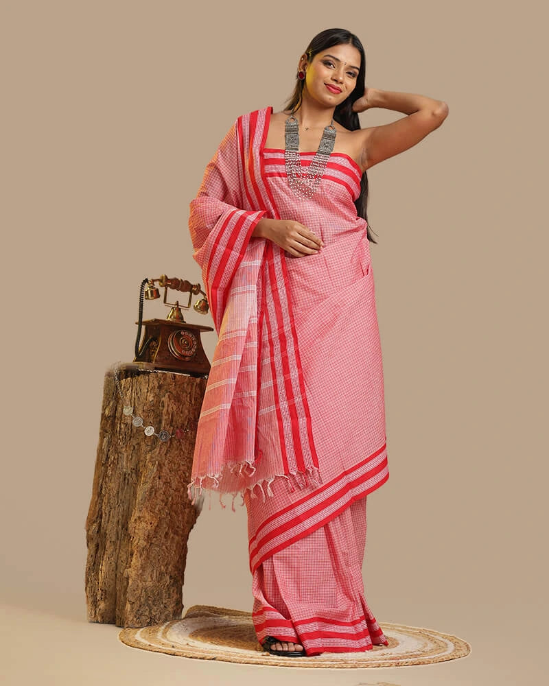 Coral Pink Kunbi Saree | Authentic Goan Handloom - Seere