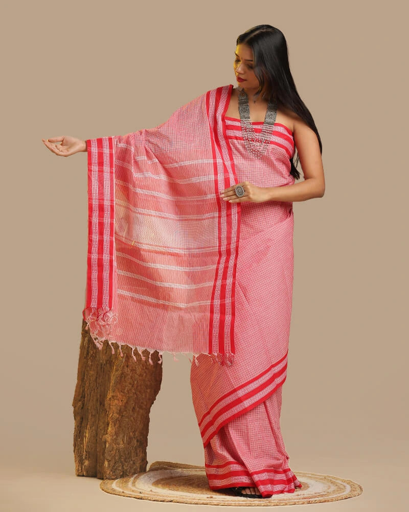 Coral Pink Kunbi Saree | Authentic Goan Handloom - Seere