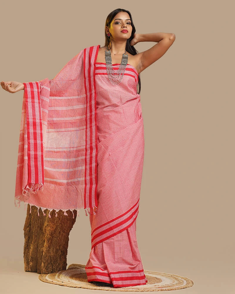 Coral Pink Kunbi Saree | Authentic Goan Handloom - Seere