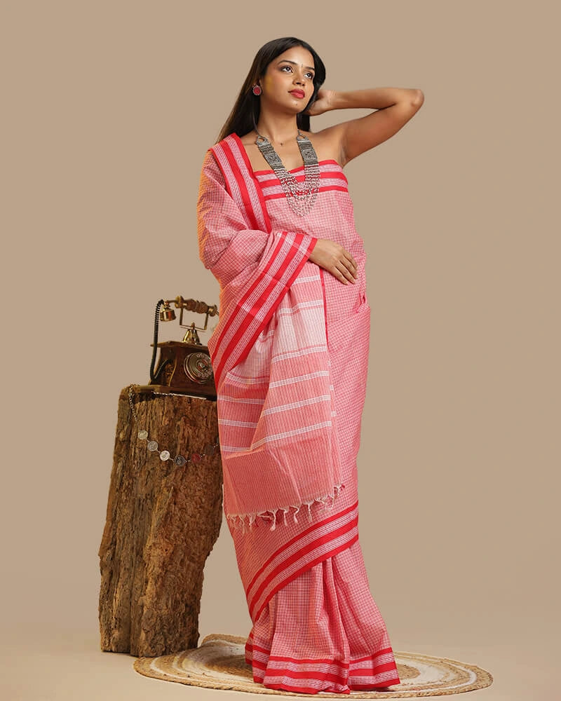 Coral Pink Kunbi Saree | Authentic Goan Handloom - Seere