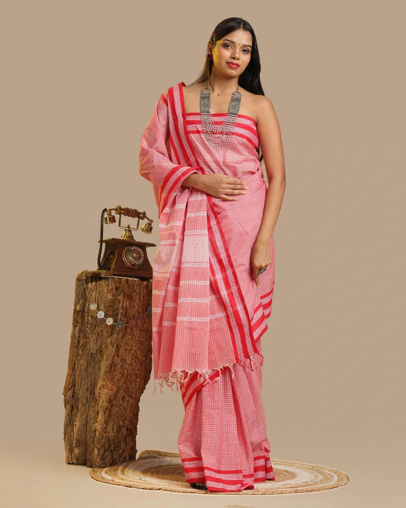 Coral Pink Kunbi Saree | Authentic Goan Handloom - Seere