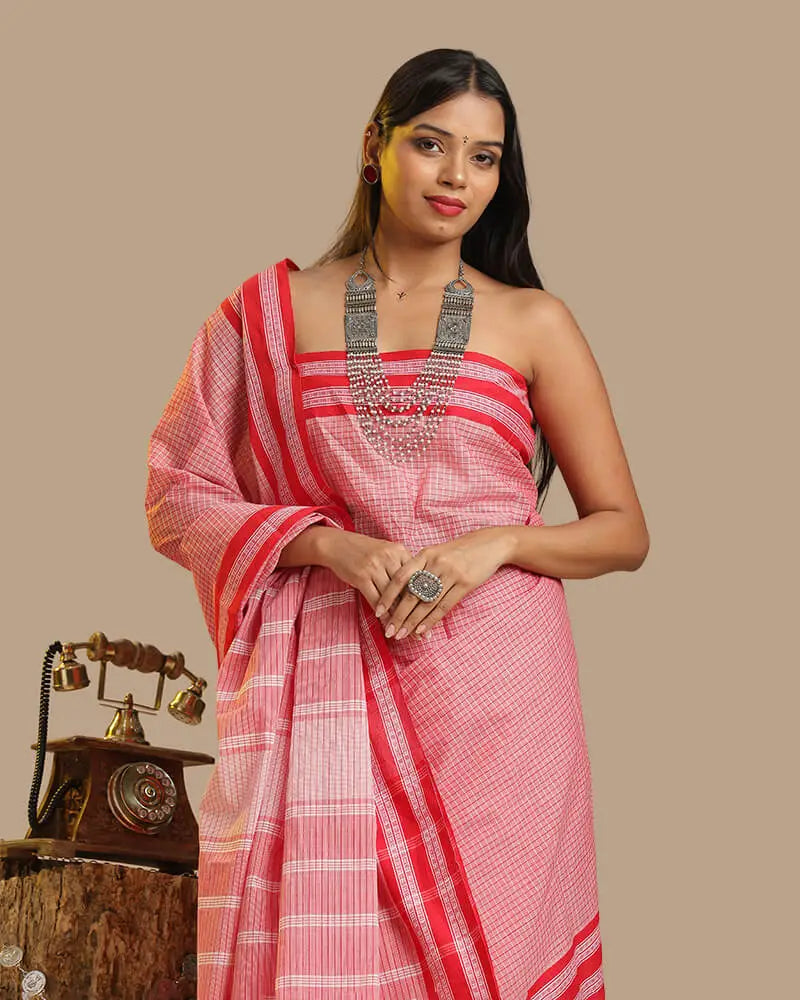 Coral Pink Kunbi Saree | Authentic Goan Handloom - Seere
