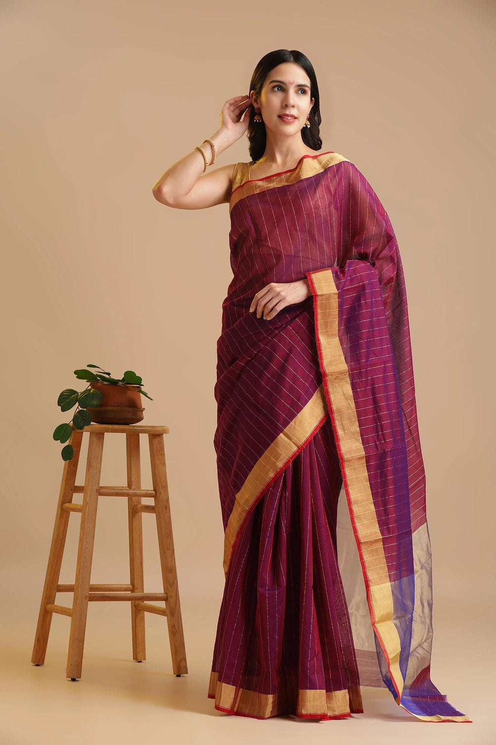 Golden Stripe Elegance – Chanderi Cotton Silk Saree