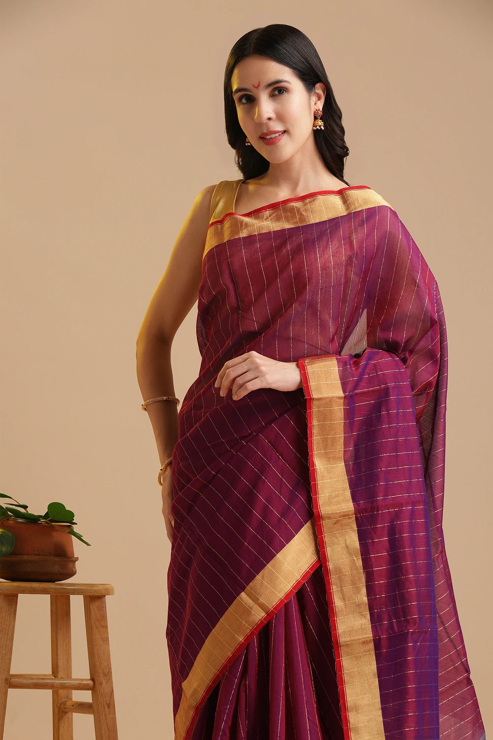 Golden Stripe Elegance – Chanderi Cotton Silk Saree