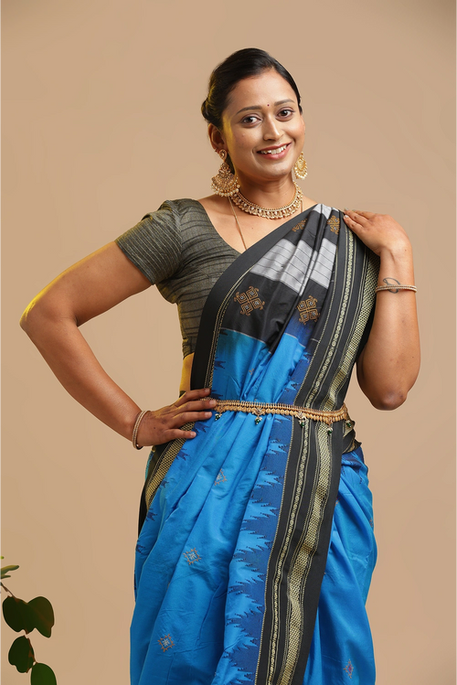 Blue Ilkal Saree with Tope Teni Pallu & Kasuti Embroidery – in Cotton Silk