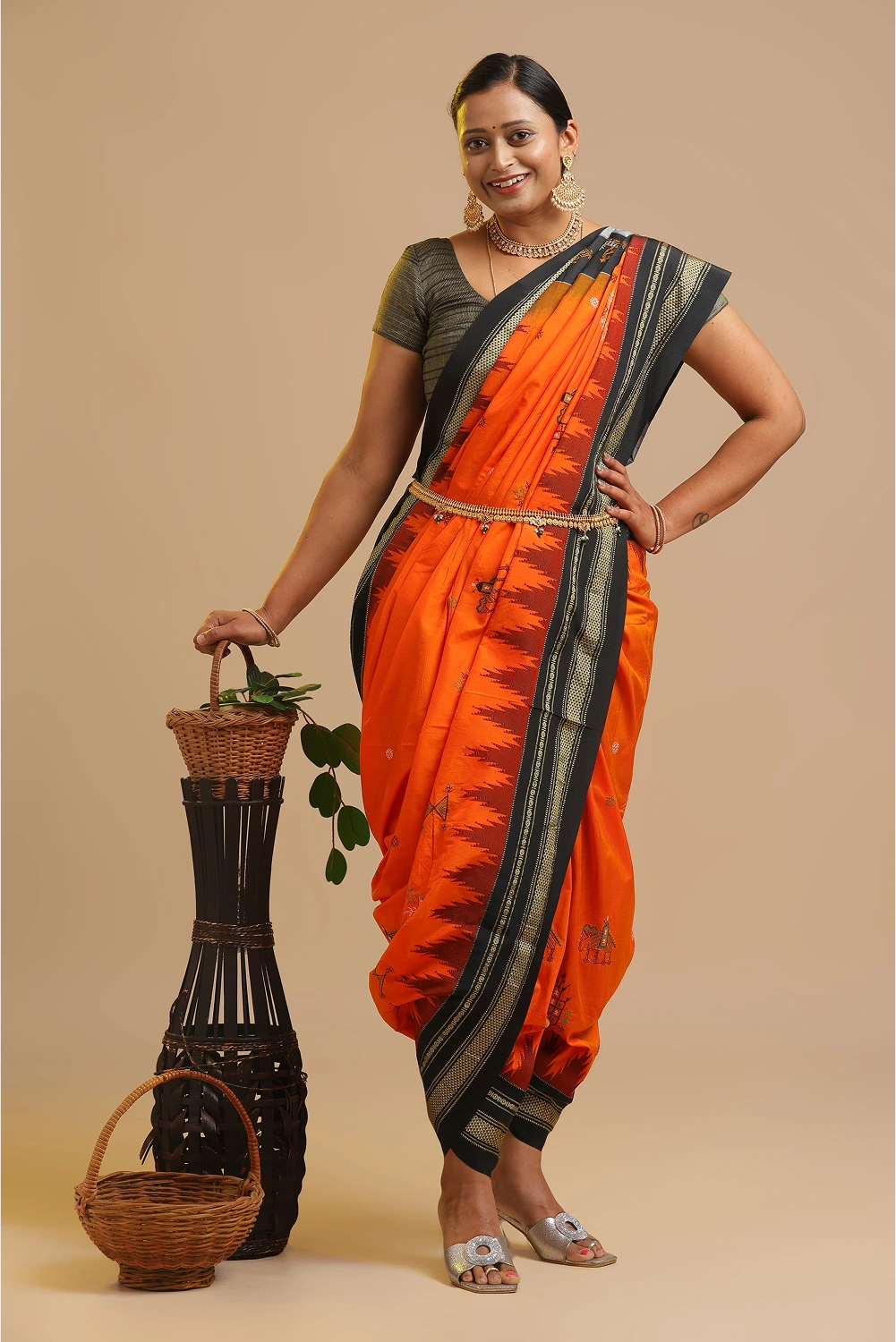 Orange Ilkal Saree with Tope Teni Pallu & Kasuti Embroidery – in Cotton Silk