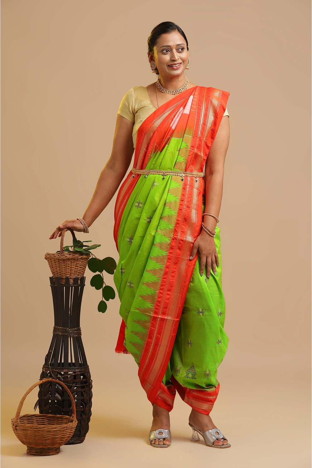 Bright Parrot Green Ilkal Saree with Kasuti Embroidery