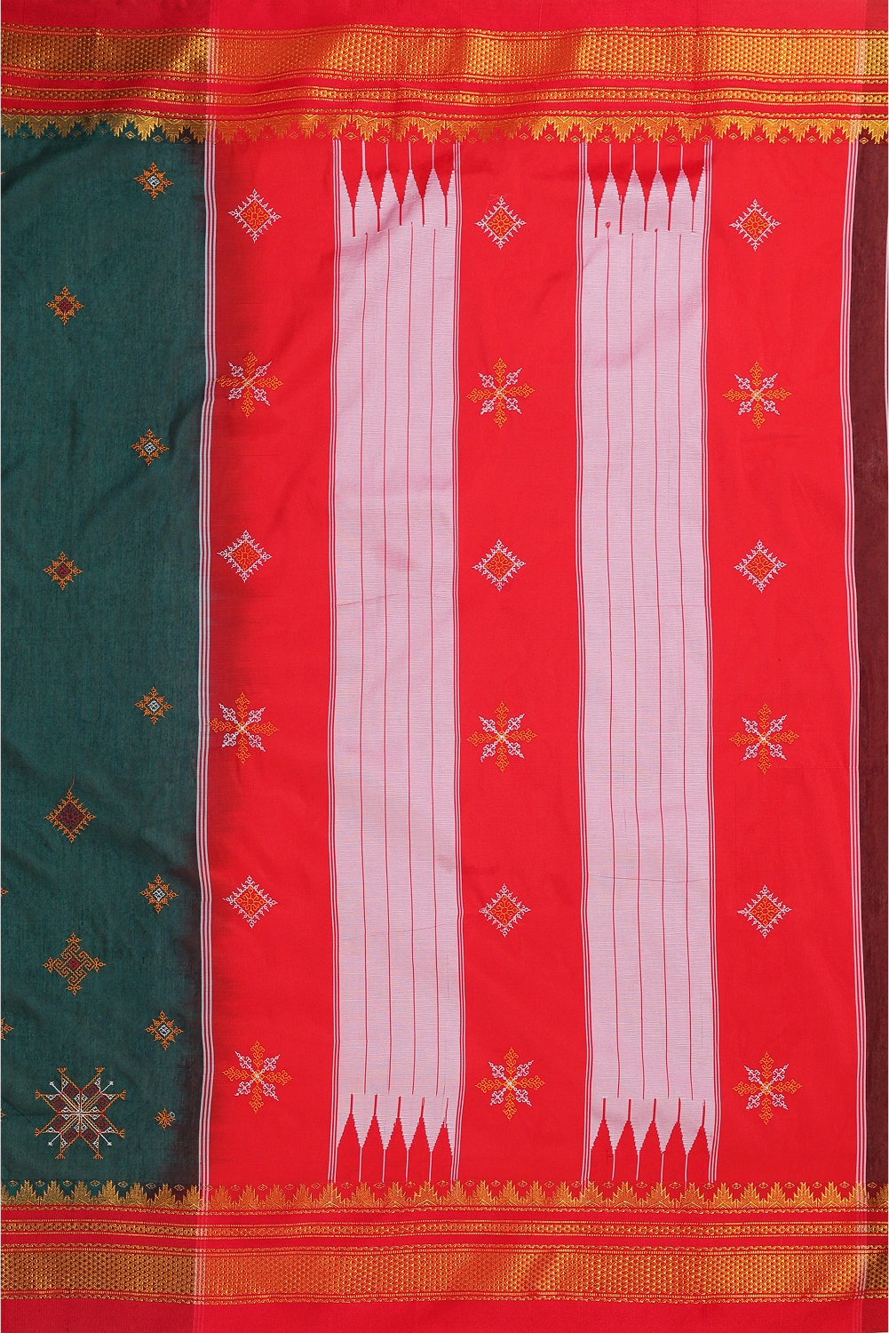 Teal Green Ilkal Saree with Tope Teni Pallu & Kasuti Embroidery – in Cotton Silk