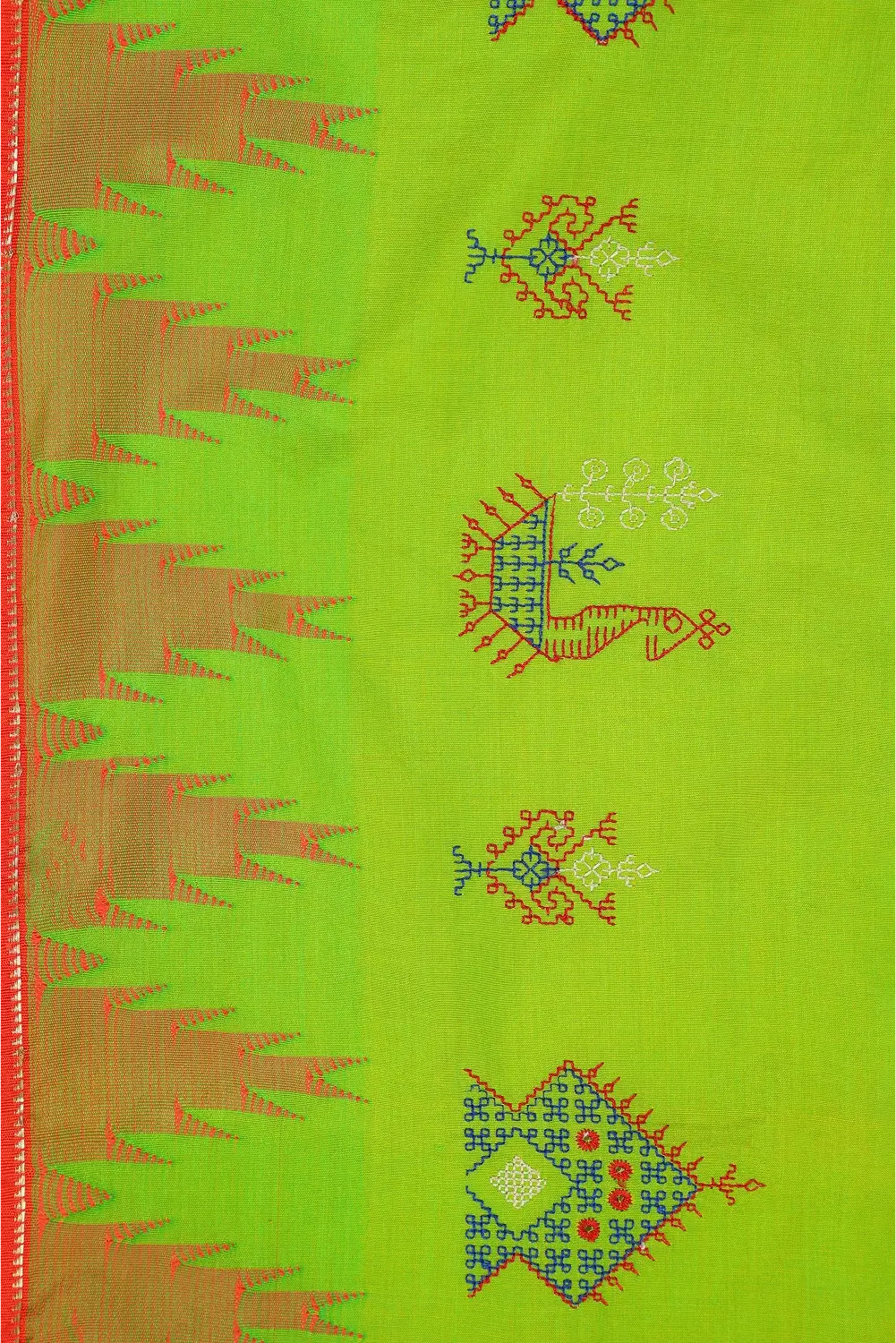 Bright Parrot Green Ilkal Saree with Kasuti Embroidery