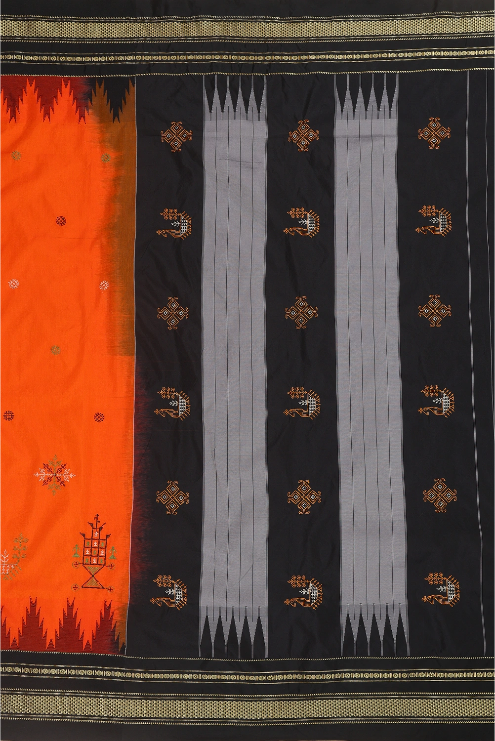 Orange Ilkal Saree with Tope Teni Pallu & Kasuti Embroidery – in Cotton Silk