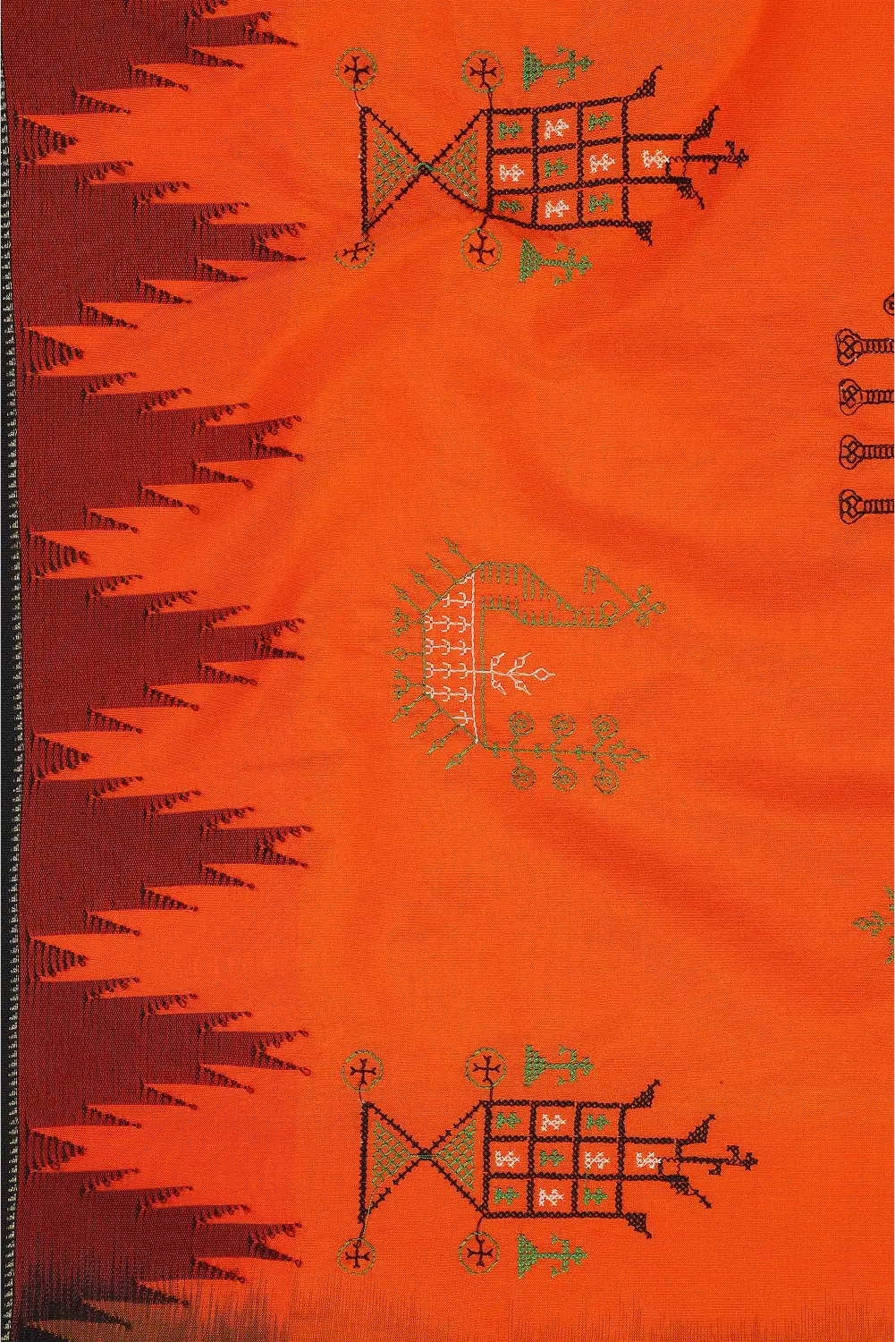 Orange Ilkal Saree with Tope Teni Pallu & Kasuti Embroidery – in Cotton Silk