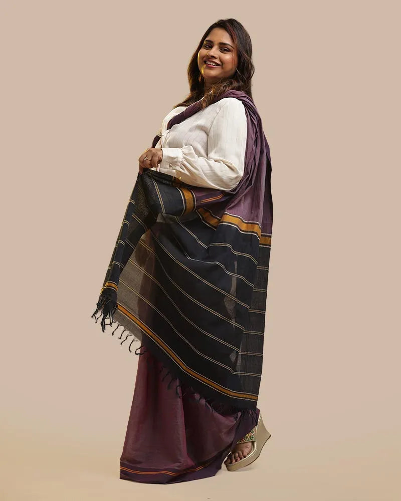 Deep Plum & Black Udupi Cotton Saree