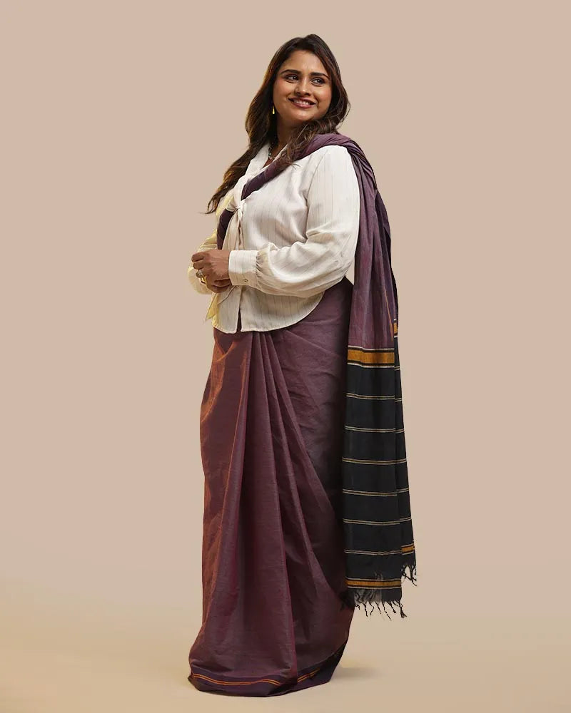 Deep Plum & Black Udupi Cotton Saree