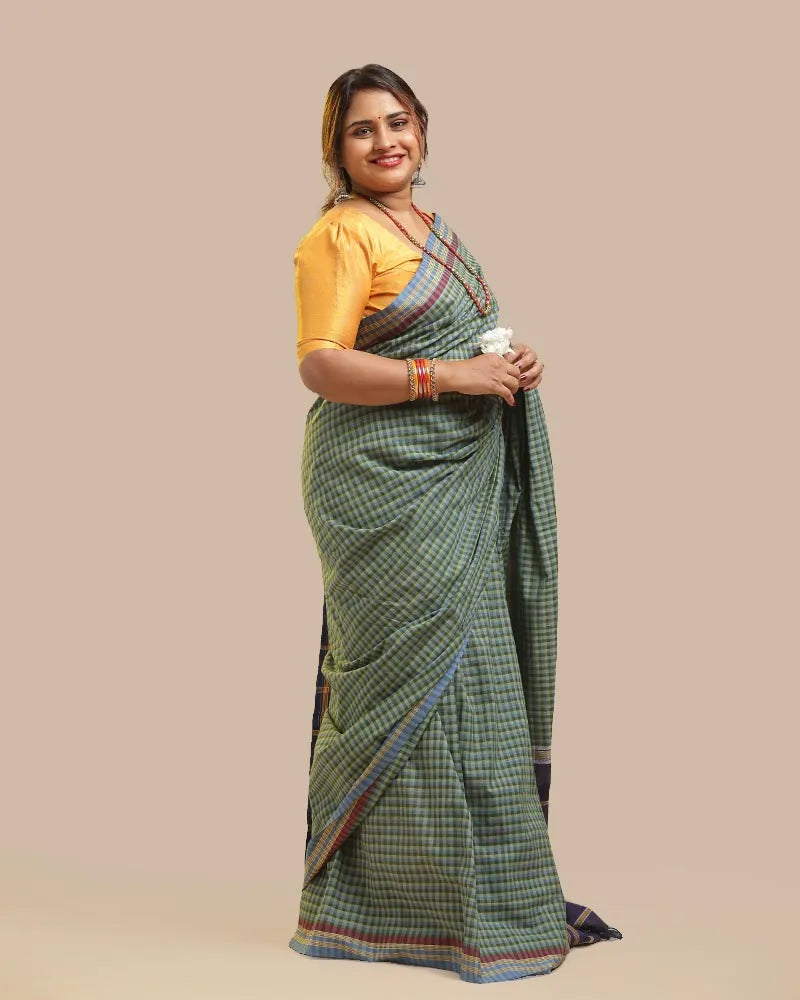 Moss Green & Blue Udupi Cotton Saree