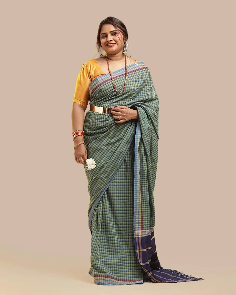 Moss Green & Blue Udupi Cotton Saree