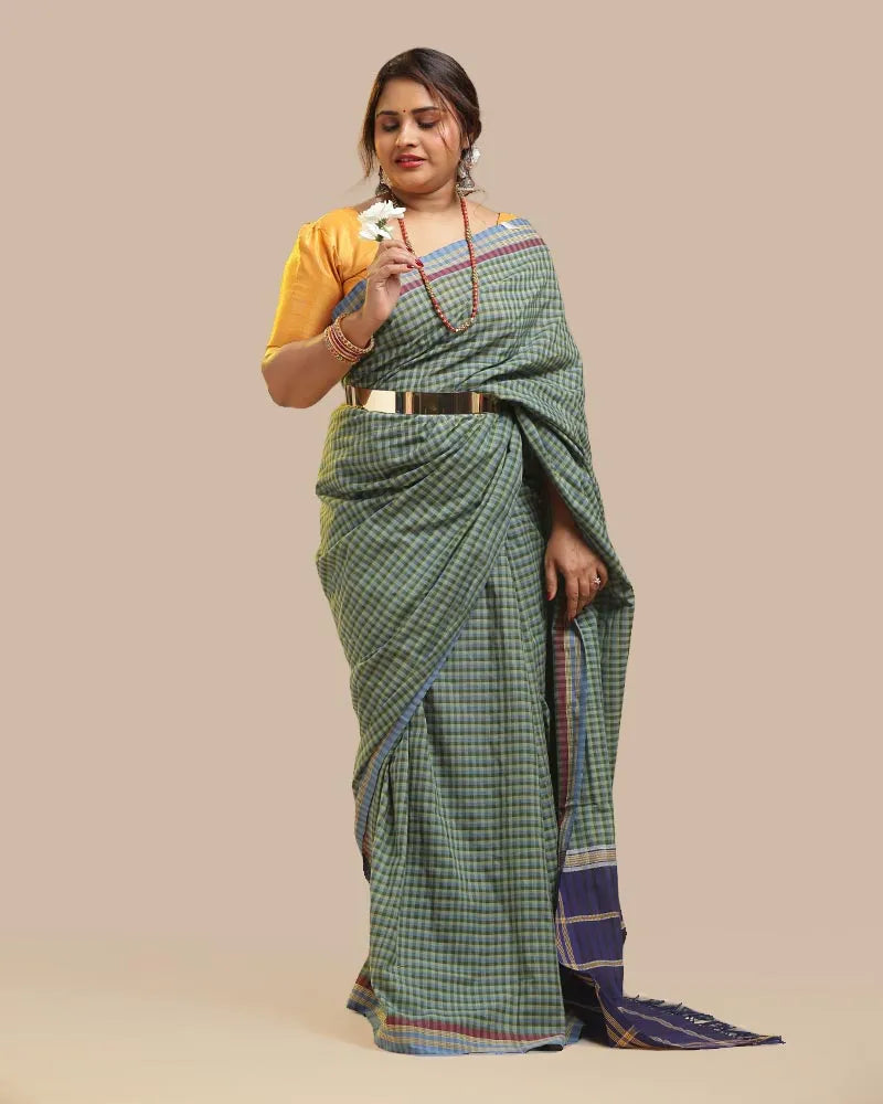 Moss Green & Blue Udupi Cotton Saree