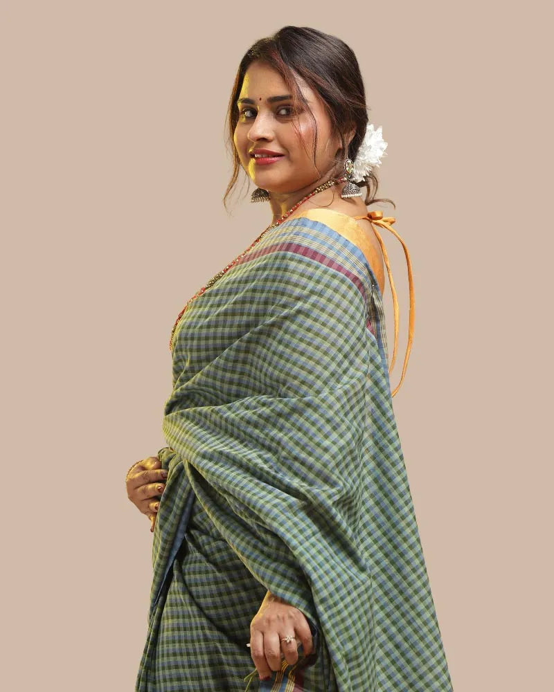 Moss Green & Blue Udupi Cotton Saree