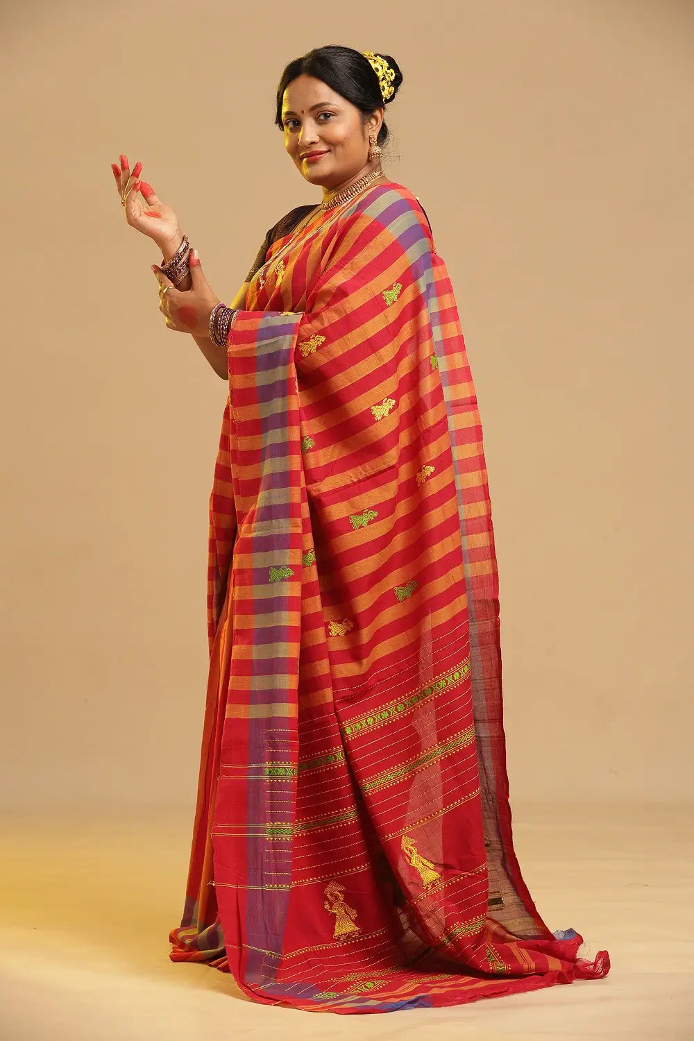 Sunset Stripes – Red & Orange Gollabhama Cotton Saree