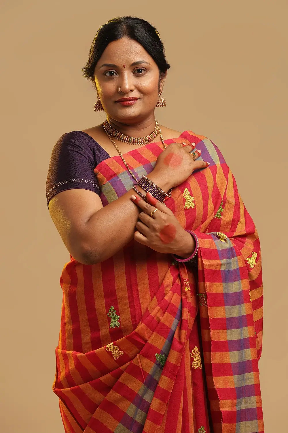 Sunset Stripes – Red & Orange Gollabhama Cotton Saree