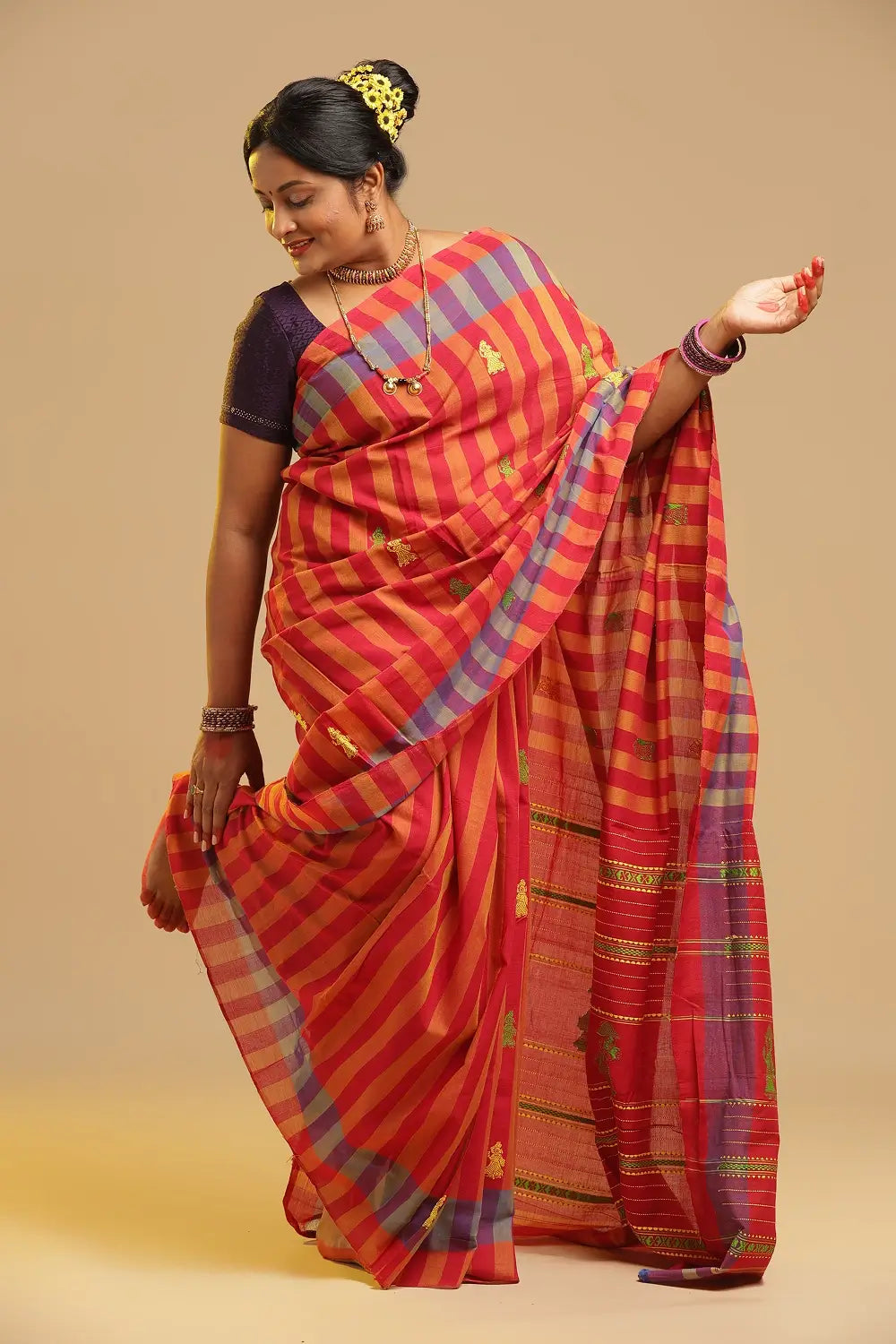 Sunset Stripes – Red & Orange Gollabhama Cotton Saree